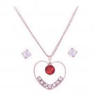 Gold Heart Red and Clear Crystal Pendant Necklace and Earrings Set