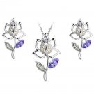 Silver Purple and Multicolor Crystal Flower Rose  Pendant Necklace and Earrings Set