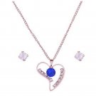 Gold Heart Blue Crystal Pendant Necklace and Earrings Set