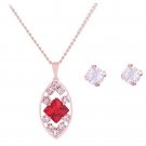 Gold Red and Clear Crystal Geometric Pendant Necklace and Earrings  Set