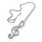 Silver Clear Crystal Big Treble Key Pendant Necklace