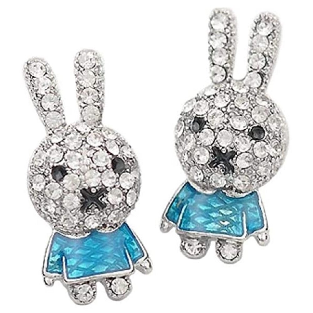 Silver Clear Crystal Blue Enamel Rabbit bunny Stud Earrings