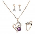 Gold Clear and Purple Crystal Love Heart Pendant Necklace Earrings and Rings Set