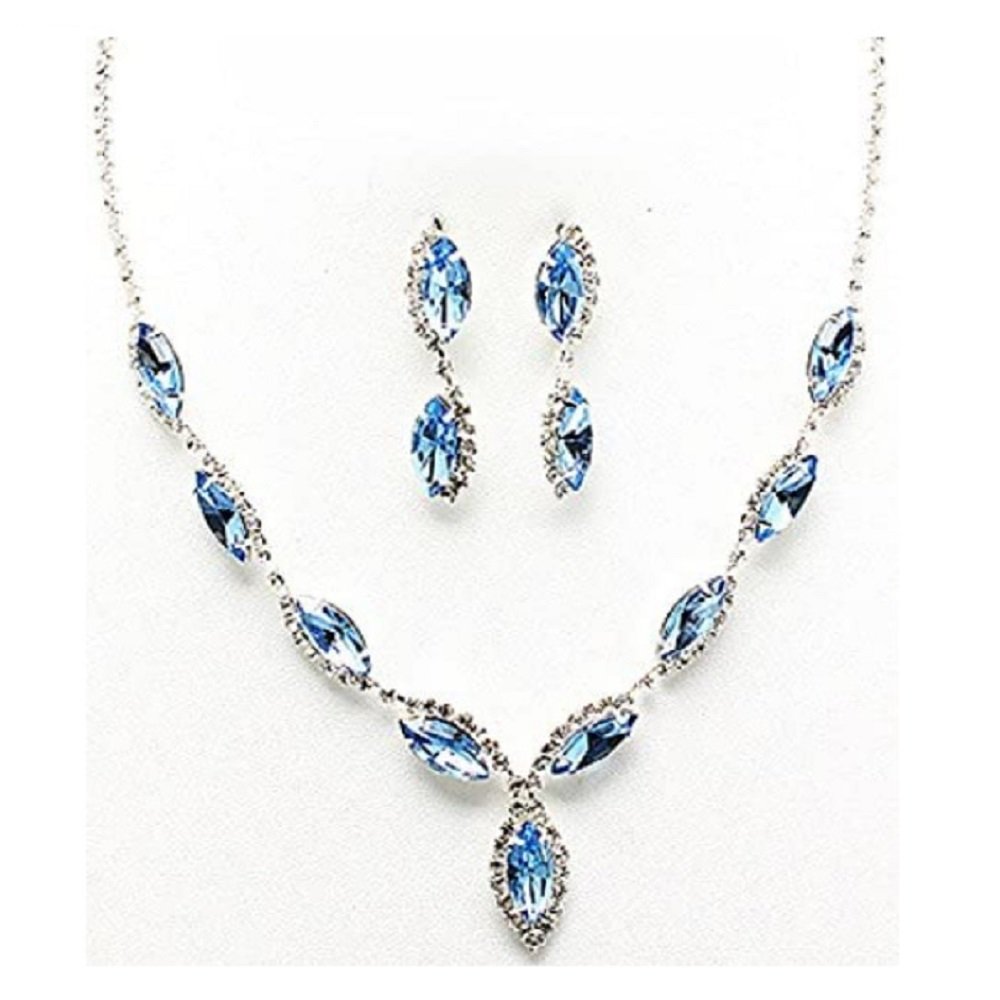 Silver Clear and Blue Austrian Crystal Princess Style Wedding Necklace and Earrings Set