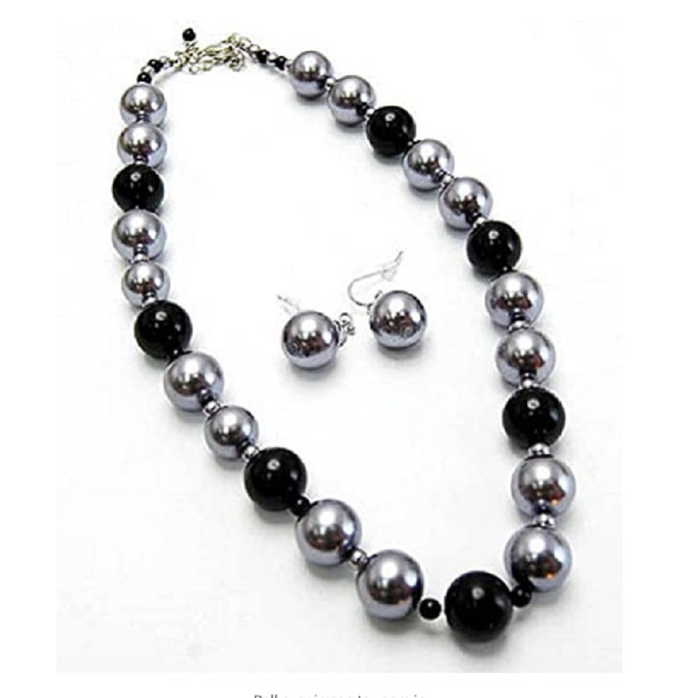 Grey and Black Pearls Necklace and Earrings Set