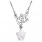 Silver Clear Crystal Flower Double Heart Pendant Necklace