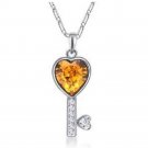 Silver Yellow Crystal Heart Key Pendant Necklace