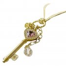 Gold Antique Key Purple Crystal Heart Charms Pendant Necklace