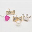 Gold 4 Pieces Pearl Crystal Enamel Crown Bow Heart Bone Stud Earrings