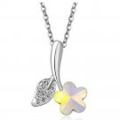 Silver Tone Withe Crystal Flower with Leaf Pendant Necklace