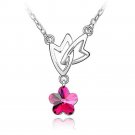 Silver Hot Pink Crystal Flower Double Heart Pendant Necklace
