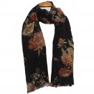 NWT RALPH LAUREN Black Wool Floral Gold Monogram Logo Oblong Fringe Scarf