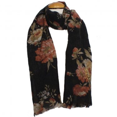 NWT RALPH LAUREN Black Wool Floral Gold Monogram Logo Oblong Fringe Scarf