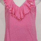 NWT RALPH LAUREN Pink White Polka Dot Cotton Knit Ruffle Top L