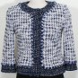 ST. JOHN Midnight White Check Tweed Fringe Trim Cropped Jacket 4 Blue NEW