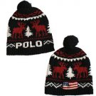 POLO RALPH LAUREN Black Red Reindeer USA Flag Logo Wool Pom Pom Cap Hat NEW