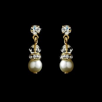 Gold White Pearl Swarovski Crystals Drop Earrings