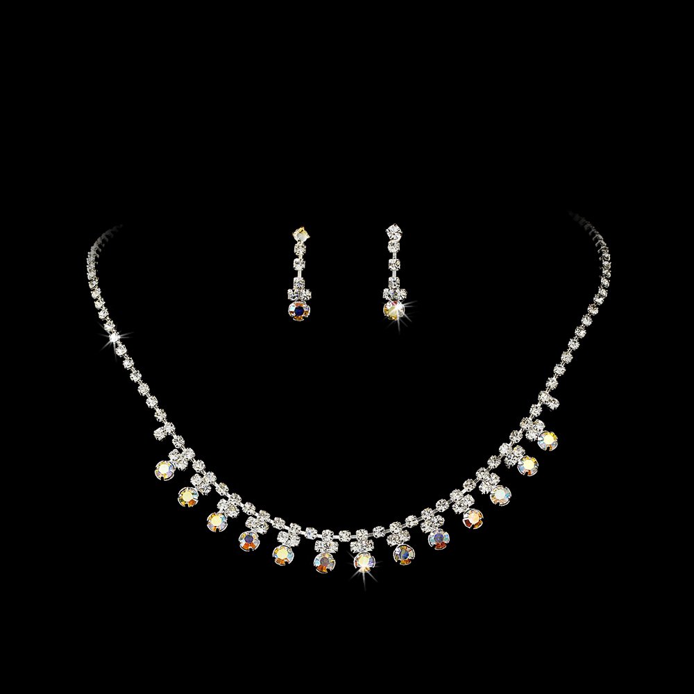 Silver AB Rhinestone Accented Necklace Earring Set