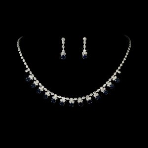 Silver Navy Blue Rhinestone AccenteNecklace Earring Set