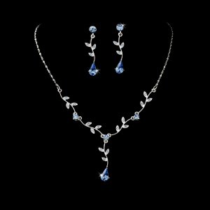Silver Light Blue Rhinestone Necklace Earring Set