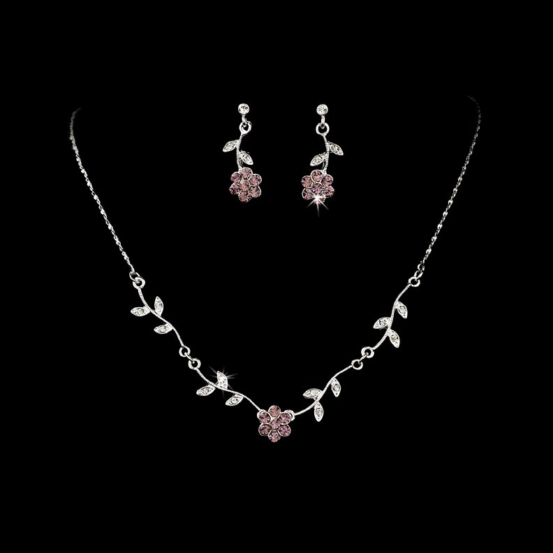 Silver Light Amethyst Floral Necklace Earring Set