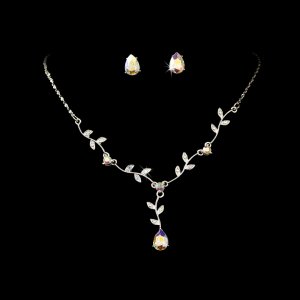 Silver AB Rhinestone Stud Floral Necklace Earring Set