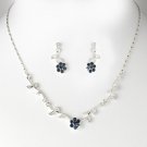 Silver Navy Blue Floral Bridal Necklace Earring Set