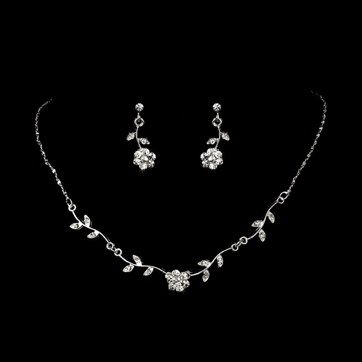 Silver Clear Floral Bridal Necklace Earring Set