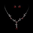 Silver Red Rhinestone Stud Floral Necklace Earring Set