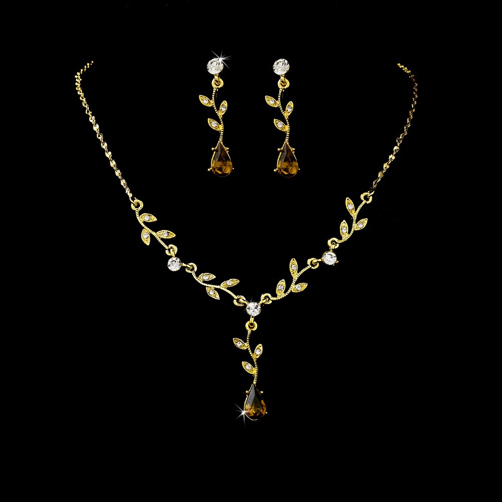Gold Clear Brown Rhinestone Necklace Earring Set