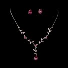 Silver Fuchsia Rhinestone Floral Necklace Earring Set