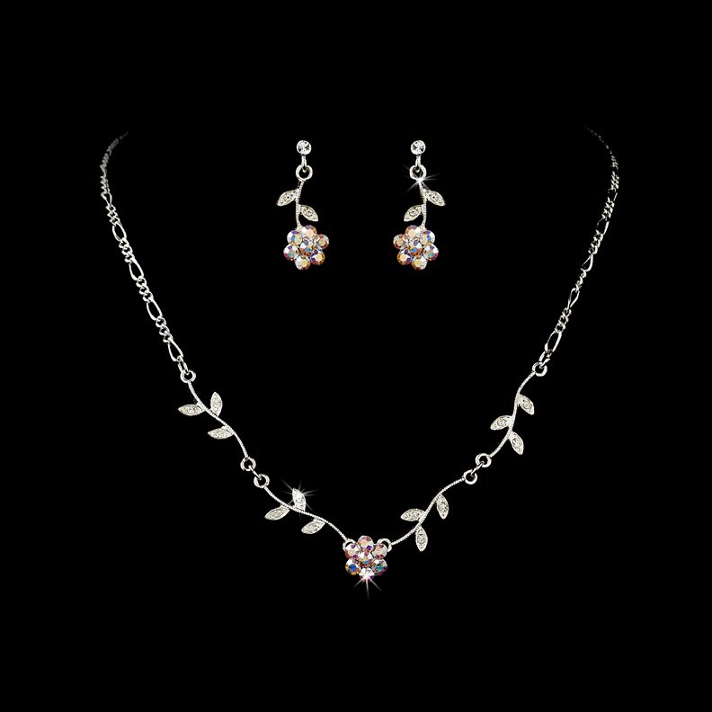 Silver AB Floral Bridal Necklace Earring Set