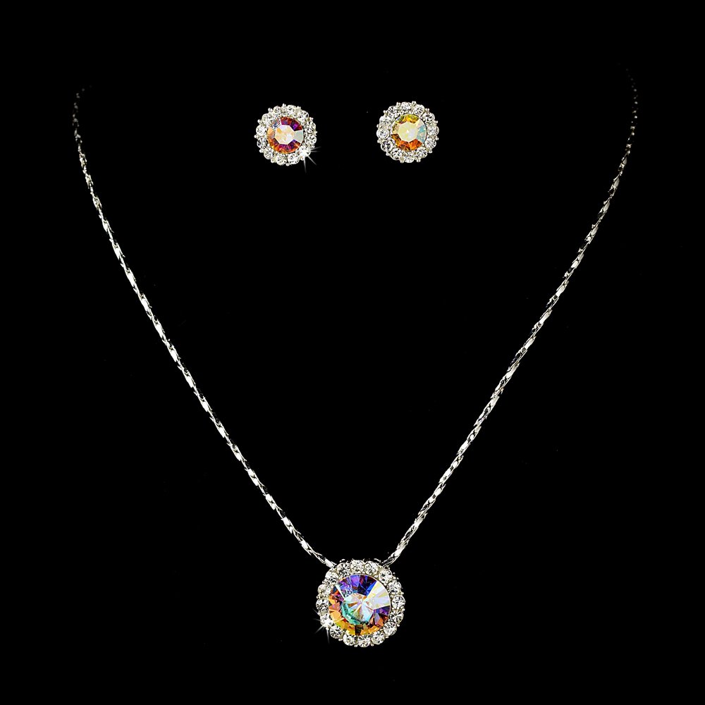 Silver AB Crystal Rhinestone Necklace Earring Set