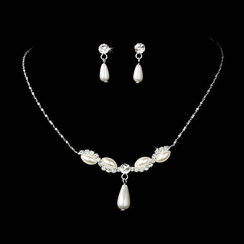 Silver Crystal Teardrop Necklace Earring Set