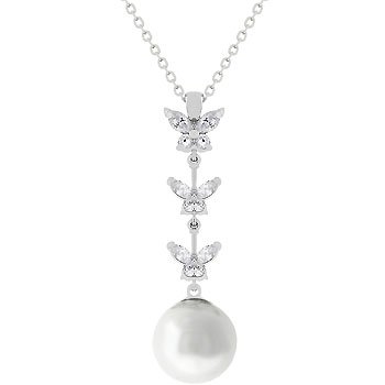 NEW White Gold CZ Butterfly Pearl Pendant Necklace