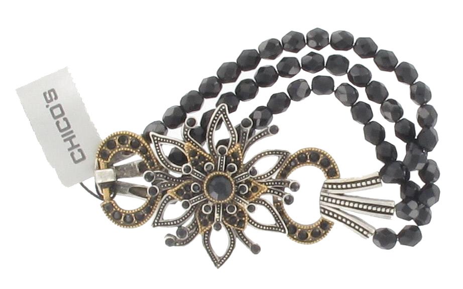 Chicos Black Silver Gold Flower Rhinestone Bracelet