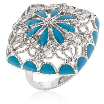 Blue Flower Enamel Rhodium CZ Ring