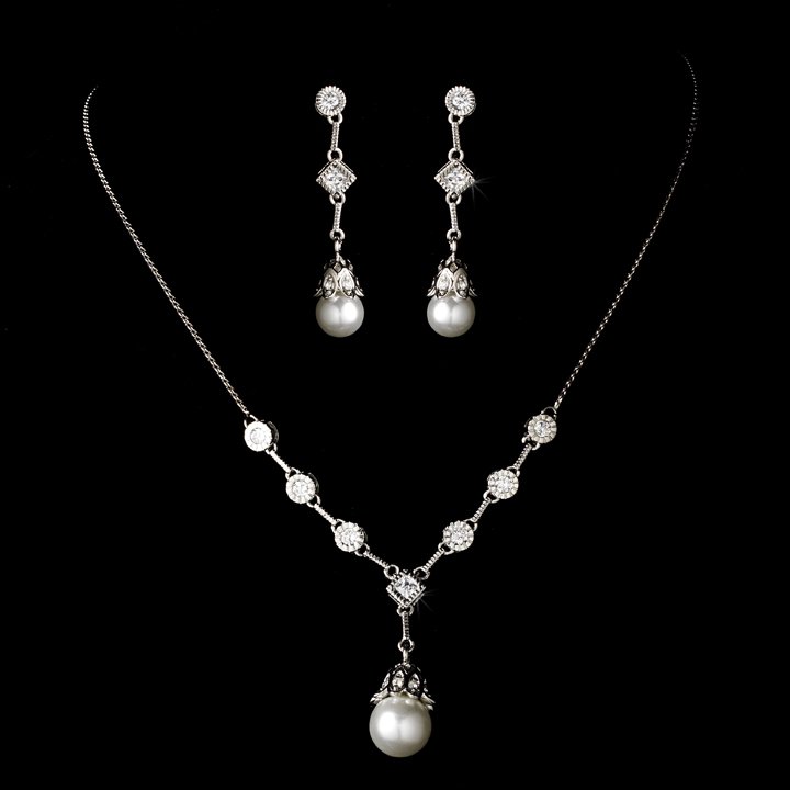 Silver Pearl Cubic Zirconia Necklace Earring Set