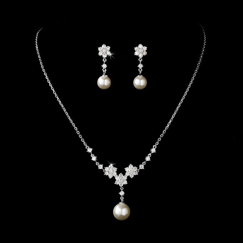 Silver Cubic Zirconia Pearl Necklace Earring Set