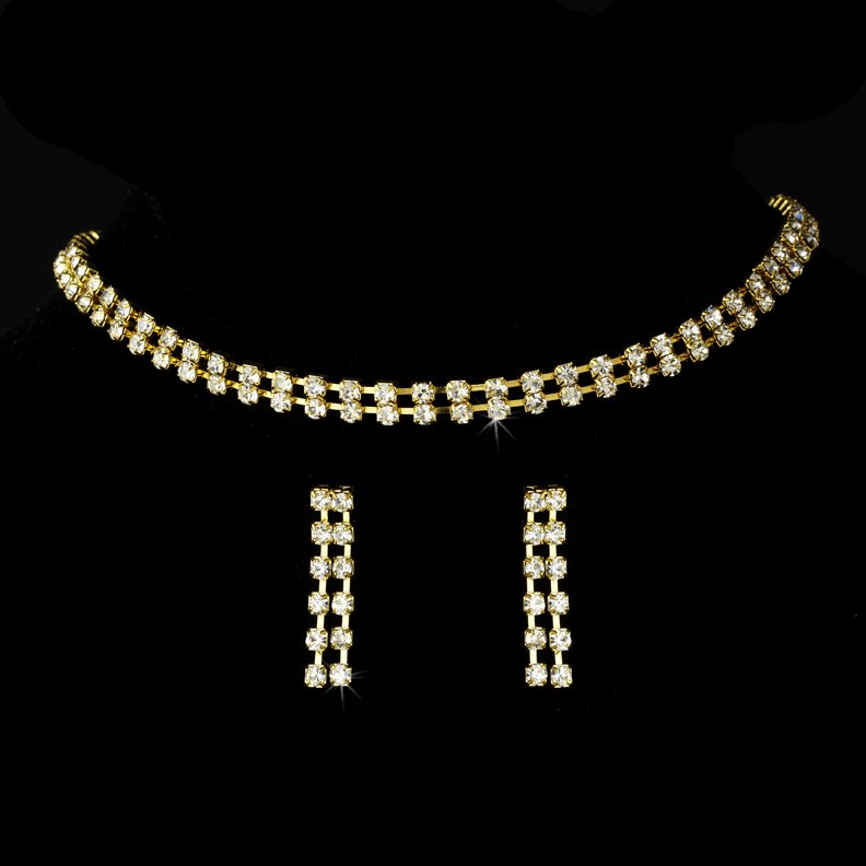 Gold Clear Crystal Double Strand Necklace Earring Set