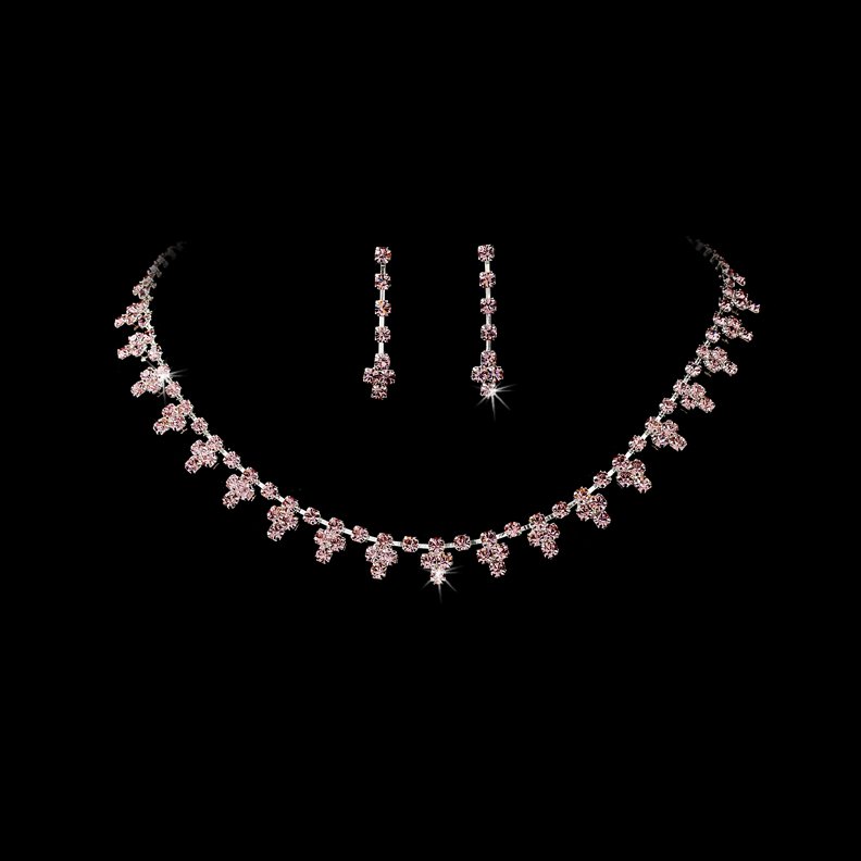 Silver Pink Crystal Rhinestone Necklace Earring Set