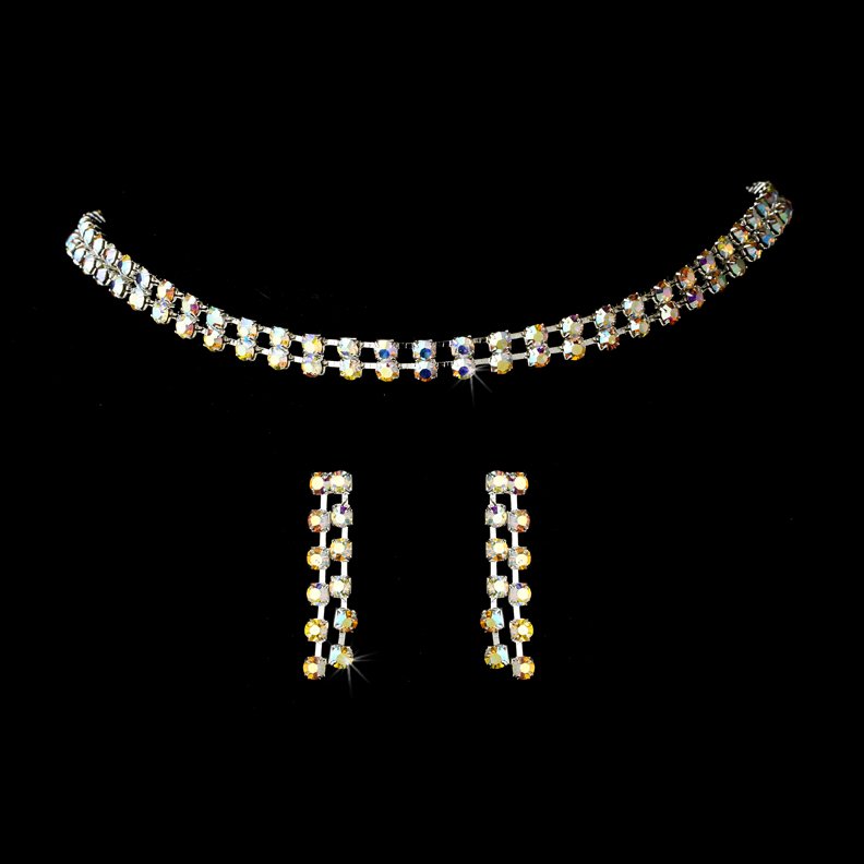 Silver AB Crystal Double Strand Necklace Earring Set