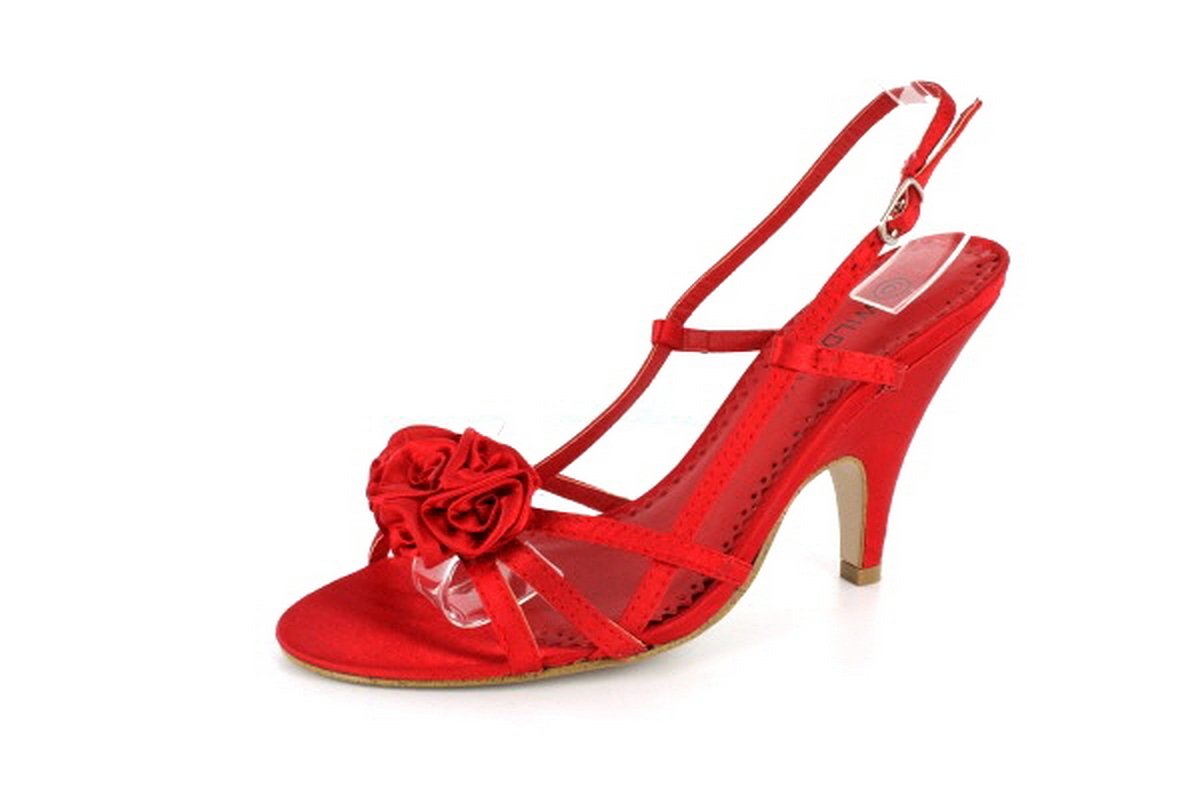 NEW Red Satin Rose Mid-Heel Sandals Shoes
