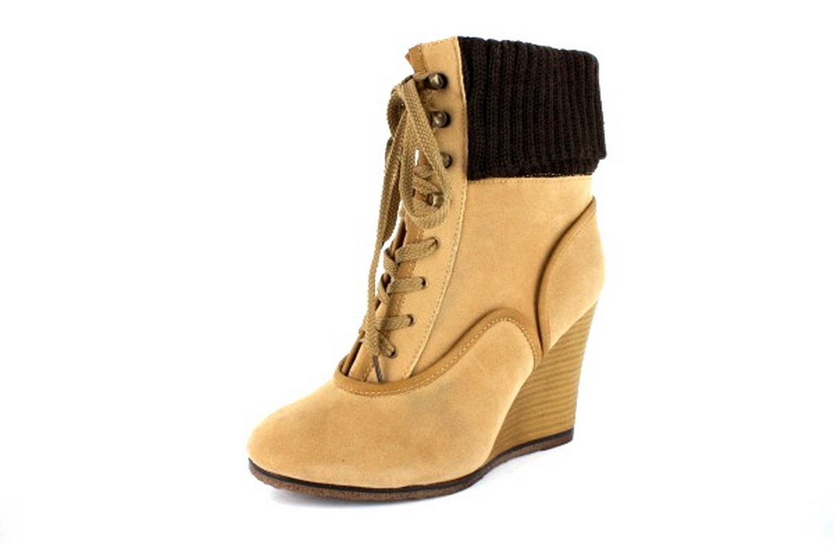 NEW Tan Lace Up Womens Wedge Ankle Boots Shoes