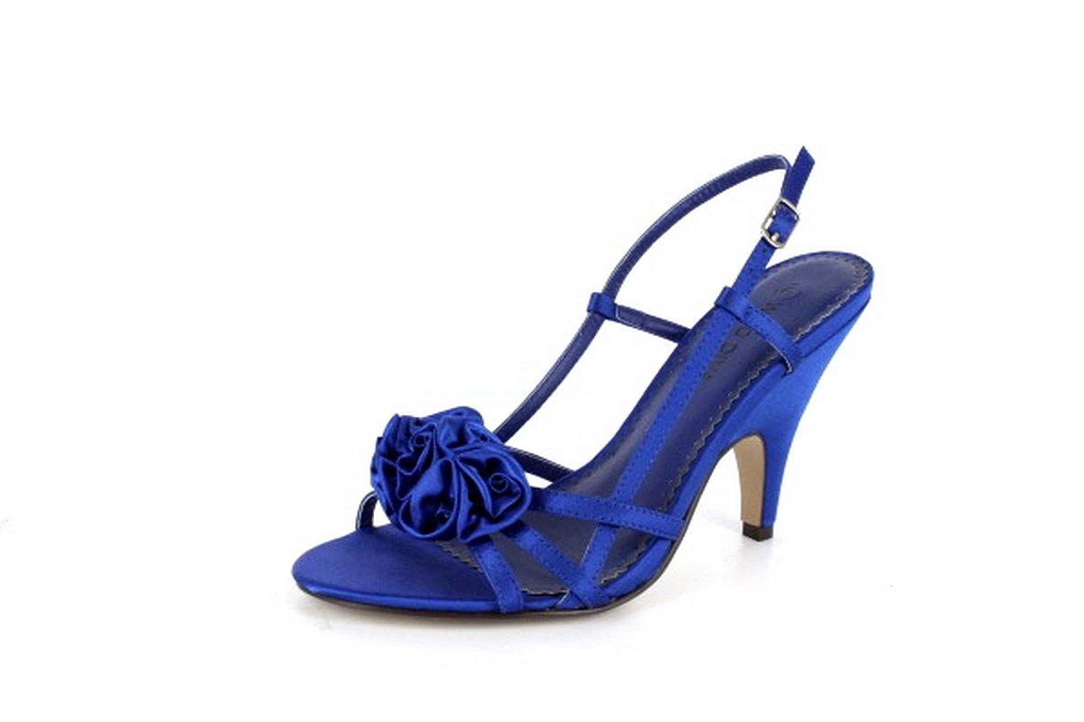 NEW Royal Blue Satin Rose Mid-Heel Sandals Shoes