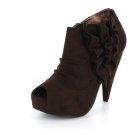 NEW Brown Suede Peep Toe Womens Ruffles Boots Shoes