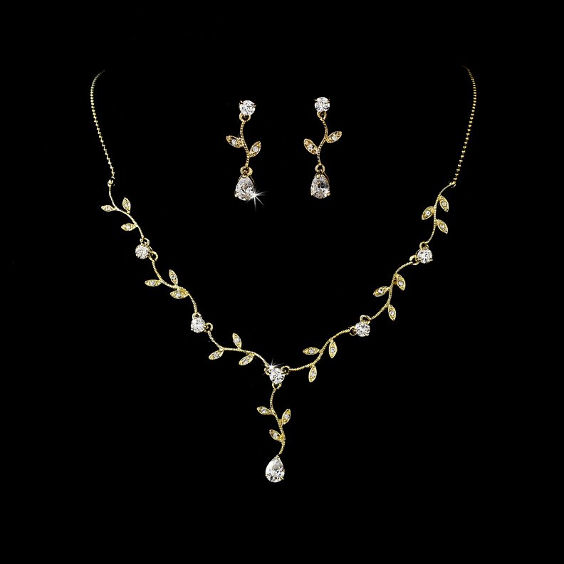 Gold Cubic Zirconia Vine Necklace Earring Set