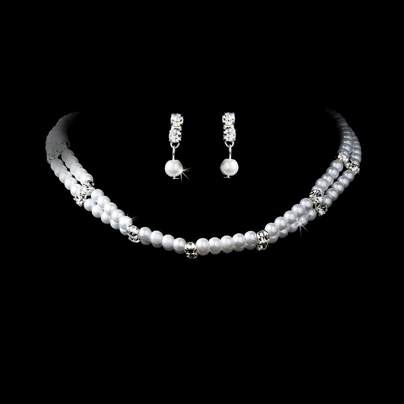 Silver Rhinestone White Pearl Necklace Earring Set