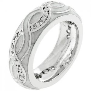 NEW White Gold Silver White Enamel CZ Stcker Ring
