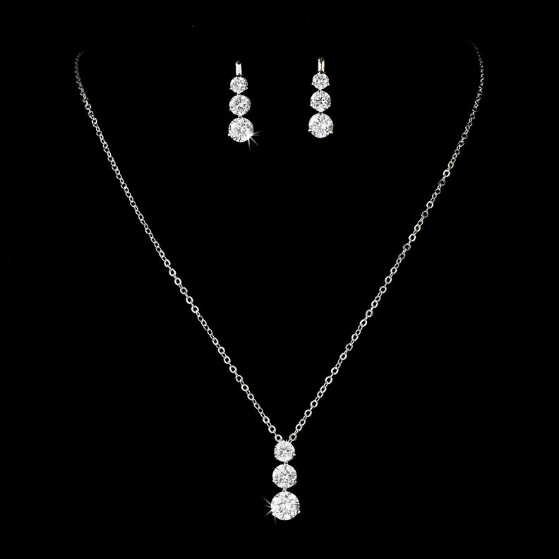 Silver CZ Three Stone Drop Necklace Earring Set
